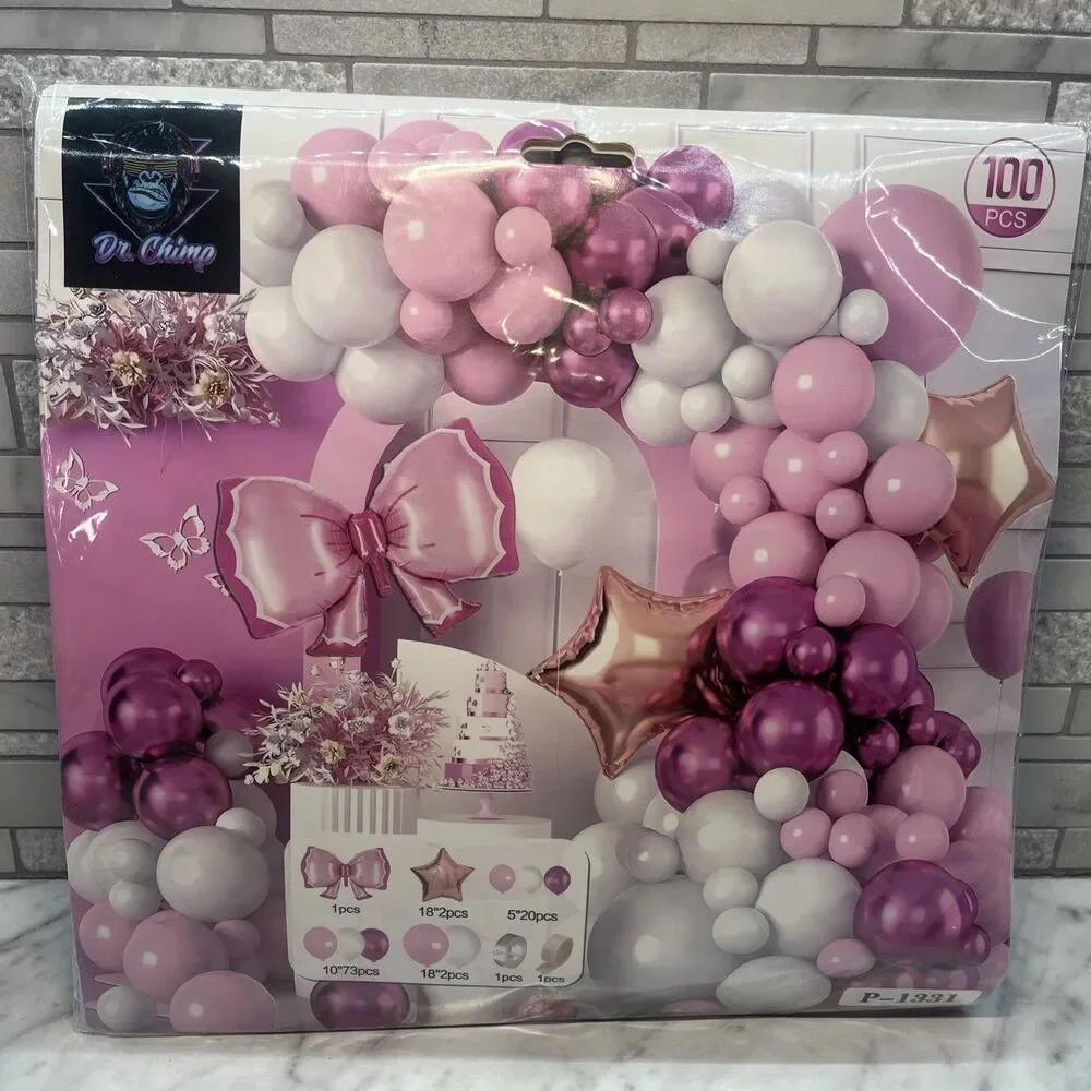 Pink & White Balloon Garland Arch Kit, Bow, stars,18in, 10in, 5in ballons 100 pc